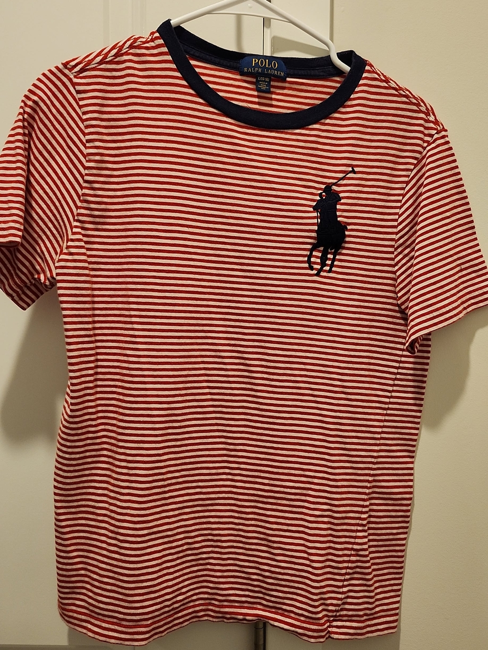 Polo by Ralph Lauren Red & White Striped Kids Tee with Navy Logo